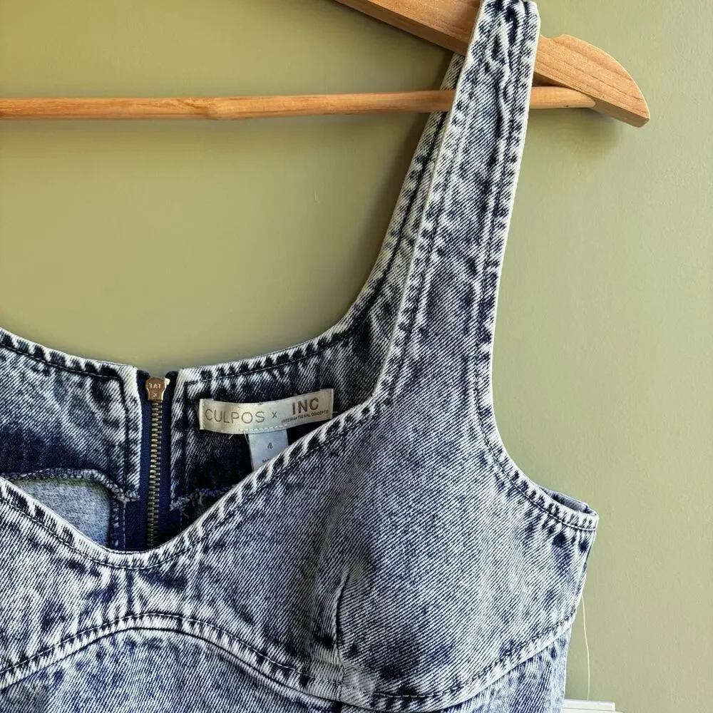 New CULPOS x INC Denim Sleeveless Bodysuit Acid Wash Y2K Festival Retro 90s Sz 4 - Picture 5 of 13